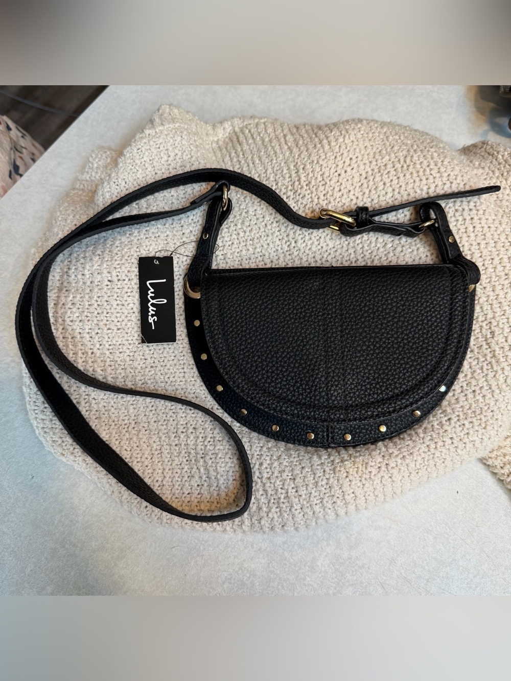 Lulu's Jeanni Black Textured Half-Moon Crossbody with Gold Studs